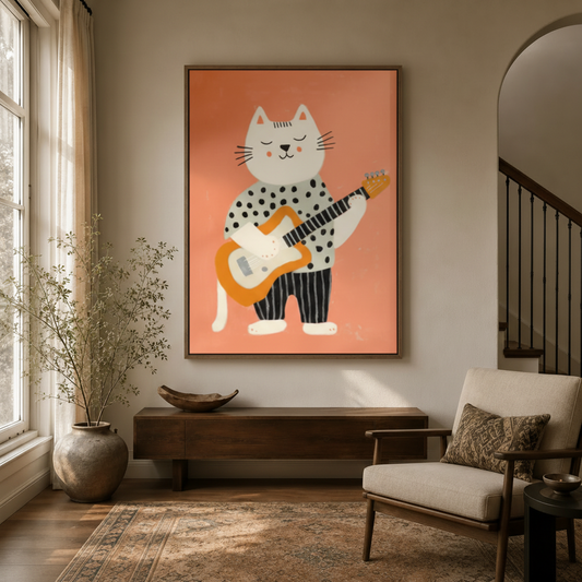 Playful guitar cat polka-dot illustration canvas in float frame above dark walnut entryway credenza