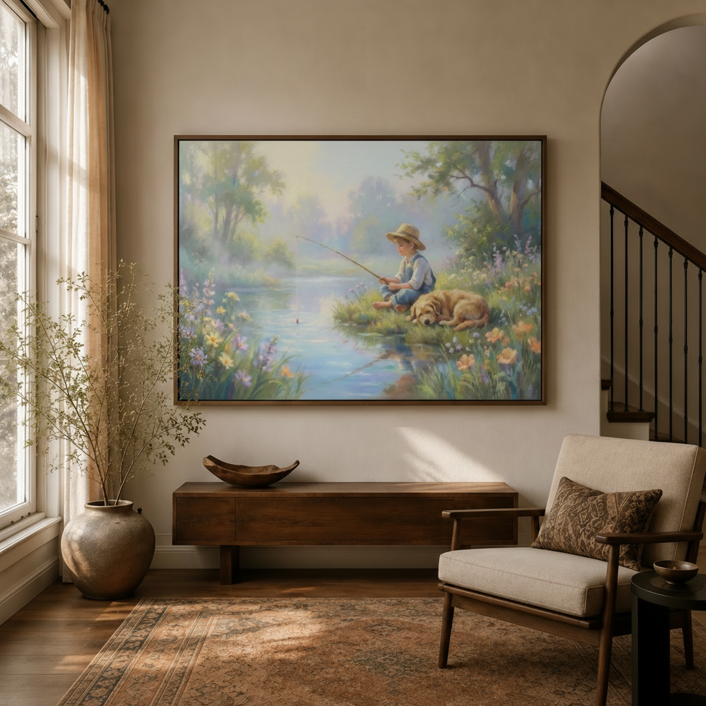 Framed nostalgic boy fishing pastoral canvas wall art above sideboard in warm modern entryway sitting room