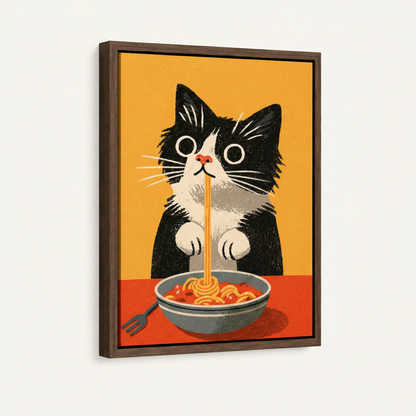 Float-framed funny cat spaghetti canvas at angle showing dark walnut frame and float gap on off-white background