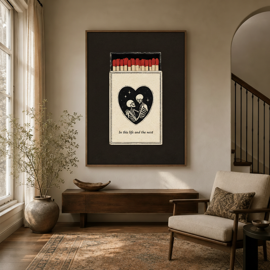 Large gothic romance canvas print displayed above a console table in a bright transitional entryway