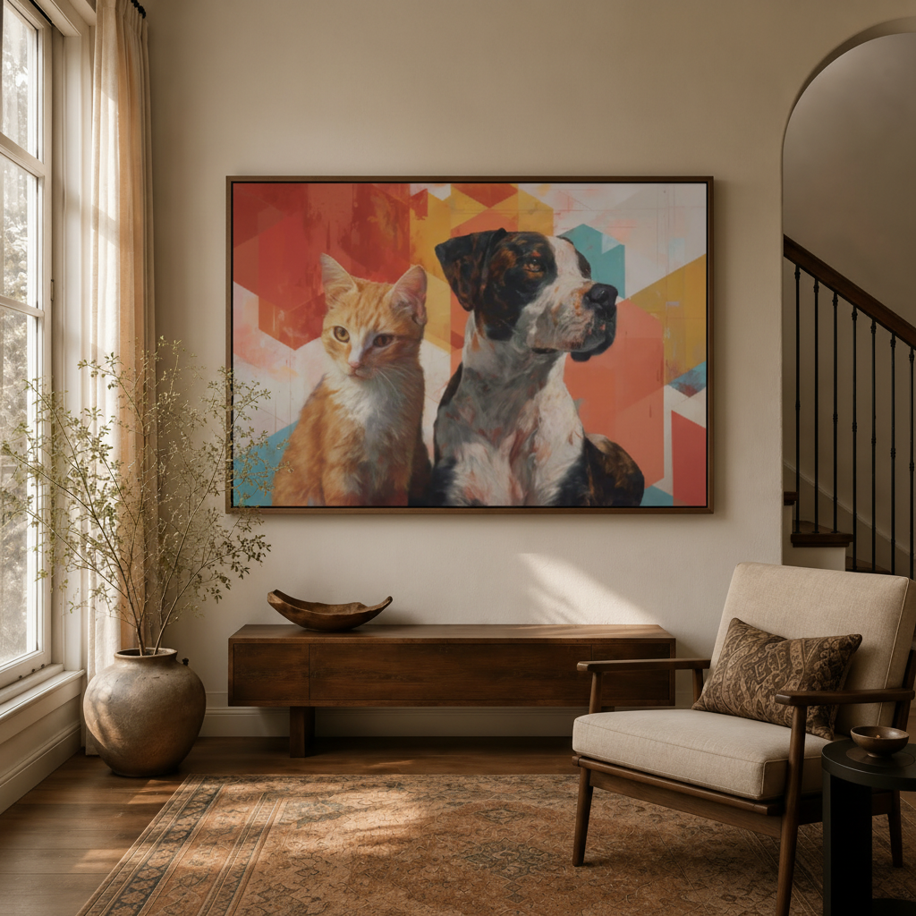 Framed colorful cat and dog canvas wall art in bright entryway with staircase