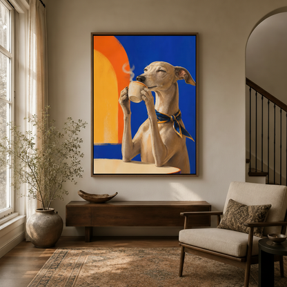 Greyhound coffee morning impasto canvas in walnut frame displayed in bright entryway above console