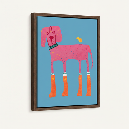 Whimsical pink dog canvas wall art in dark walnut float frame displayed on clean white background