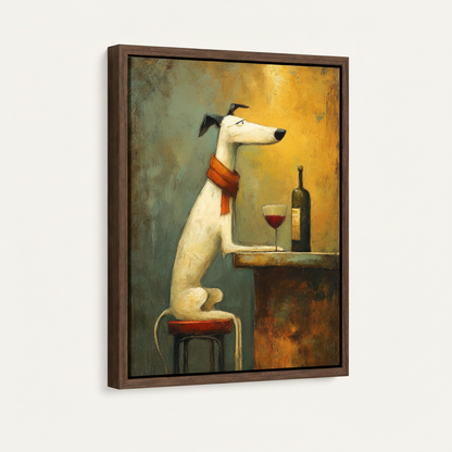 Dark walnut float frame canvas wall art featuring whimsical greyhound at bar, product view