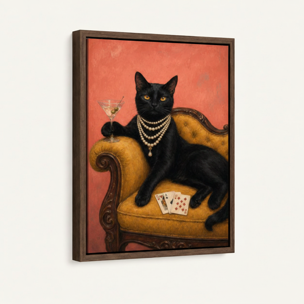 Black cat oil painting in dark walnut float frame product shot on white background