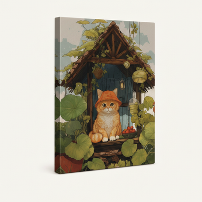 Side angle view of Ghibli-style cat cottage garden canvas print showing gallery-wrapped edge