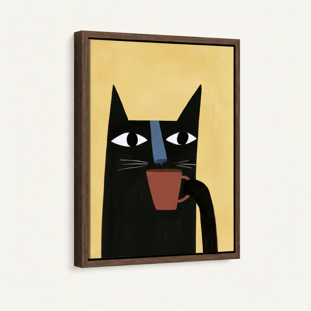 Black cat holding coffee mug framed canvas print, three-quarter view with dark walnut float frame on white background