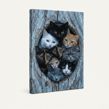 Gallery-wrapped canvas art featuring crowd of cats in blue-gray wood knot
