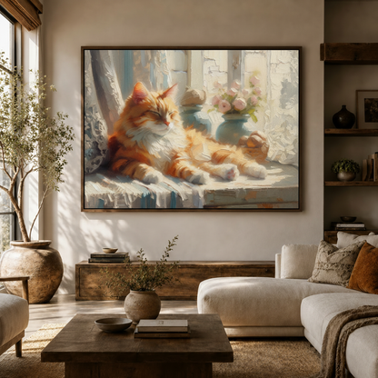 Impressionist orange cat windowsill canvas wall art above sideboard in bright modern living room white sofa