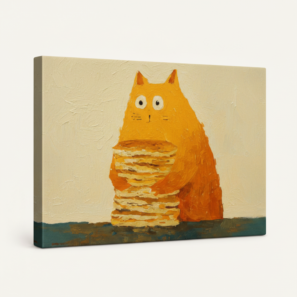 Gallery wrapped canvas featuring funny orange cat with pancakes, side profile product view