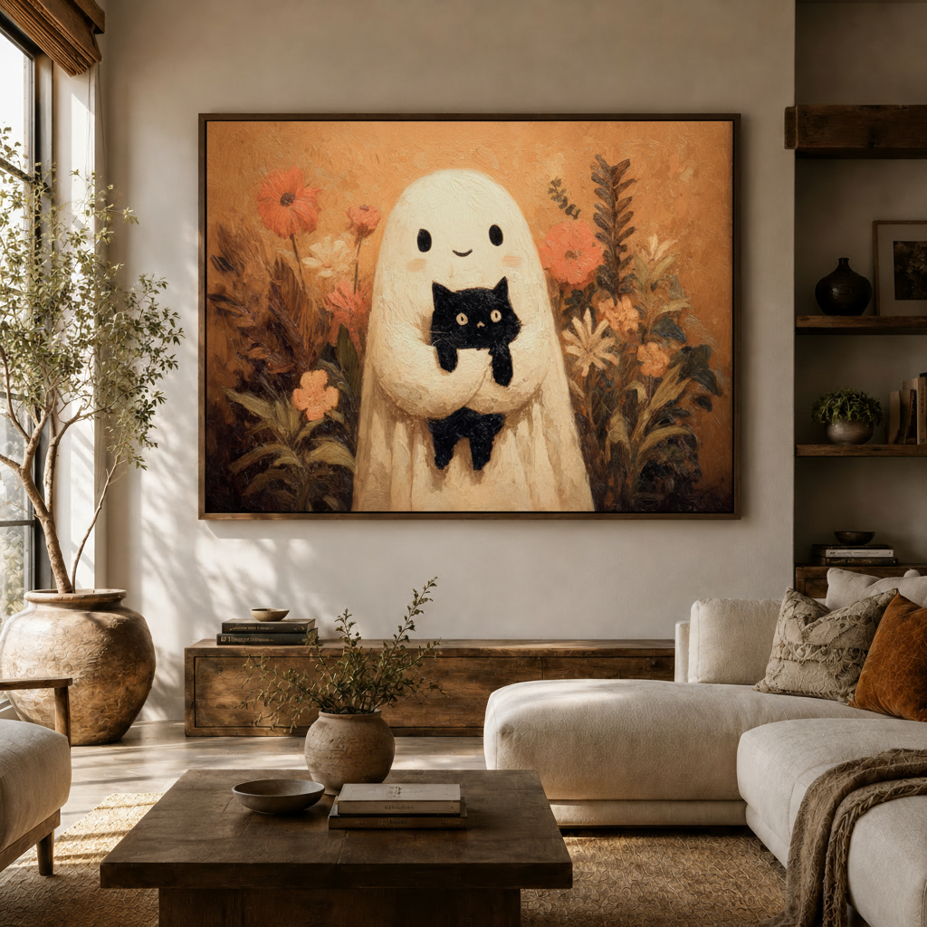 Ghost holding black cat impasto canvas wall art above console in bright Japandi living room white sofa