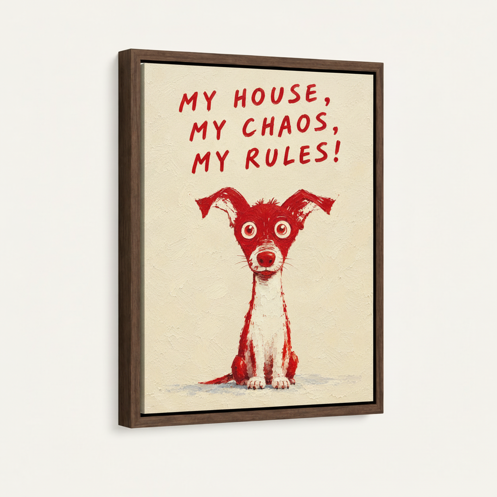Funny red dog quote painting in dark walnut float frame, angled white background product photo