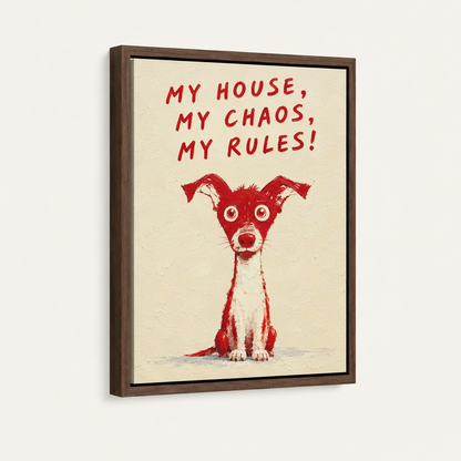 Funny red dog quote painting in dark walnut float frame, angled white background product photo