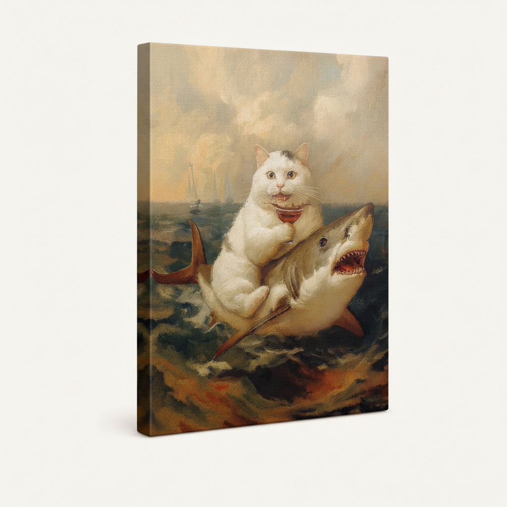 Gallery-wrapped cat riding shark baroque canvas shown at angle with visible thick wrap-around edges