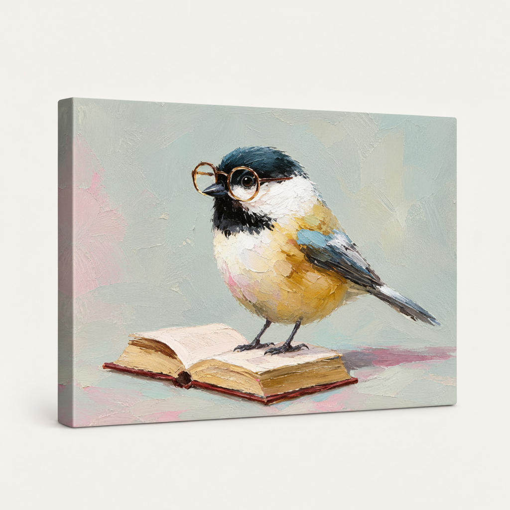 Close-up of chickadee wearing glasses perched on an open book