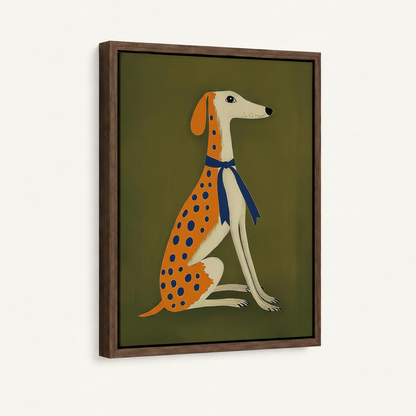 Polka dot greyhound art in dark walnut floating frame product close-up view