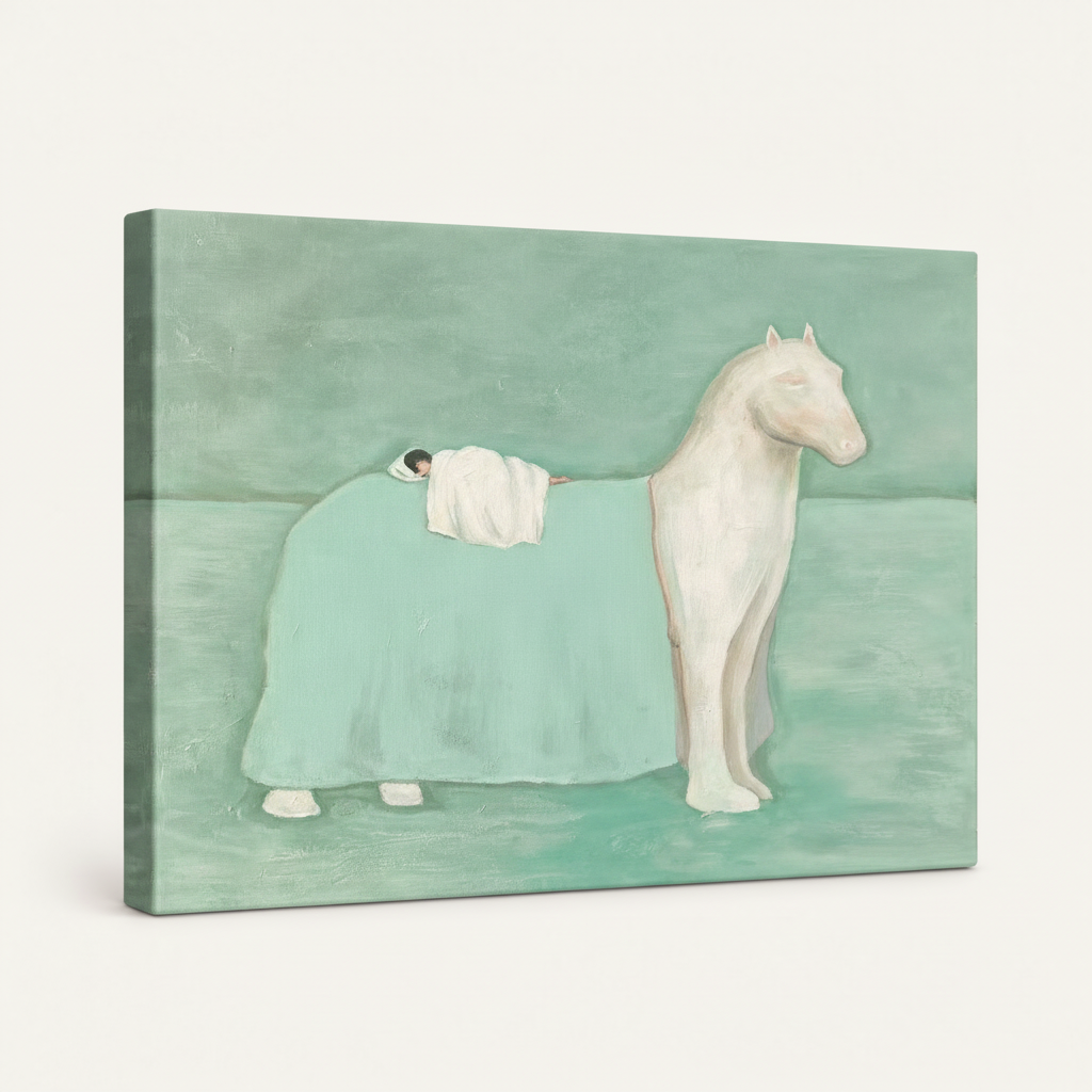 Gallery-wrapped canvas wall art featuring dreamlike white horse and figure in soft celadon tones
