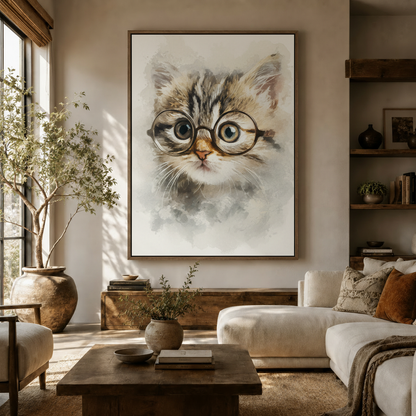 Kitten glasses watercolor canvas wall art in dark walnut float frame above sideboard in bright organic modern living room with olive tree
