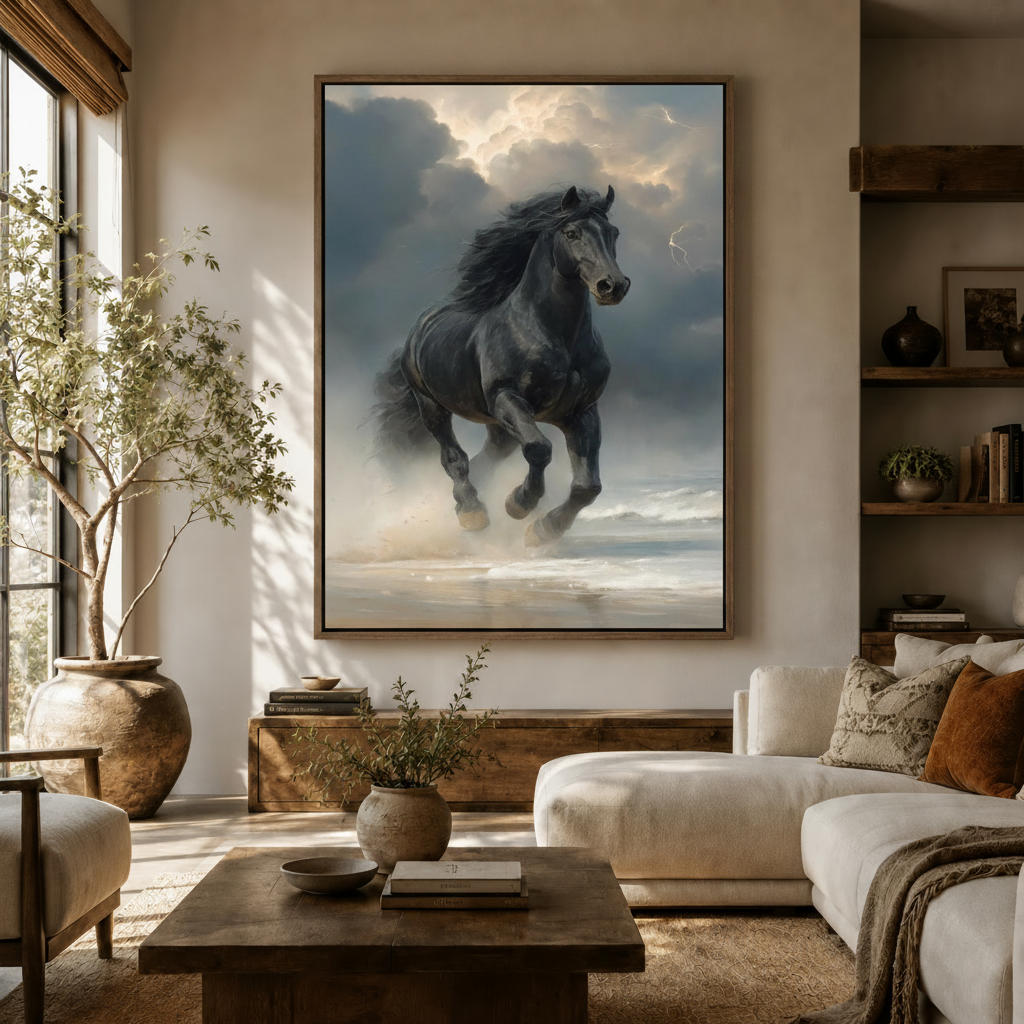 Large black horse canvas print in dark walnut frame styled in a bright modern living room with olive tree