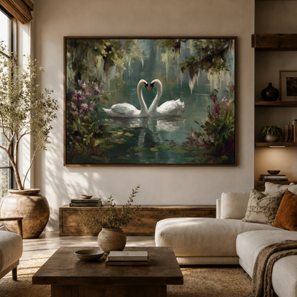 Two white swans heart lake classical romantic canvas wall art above console in bright Japandi living room