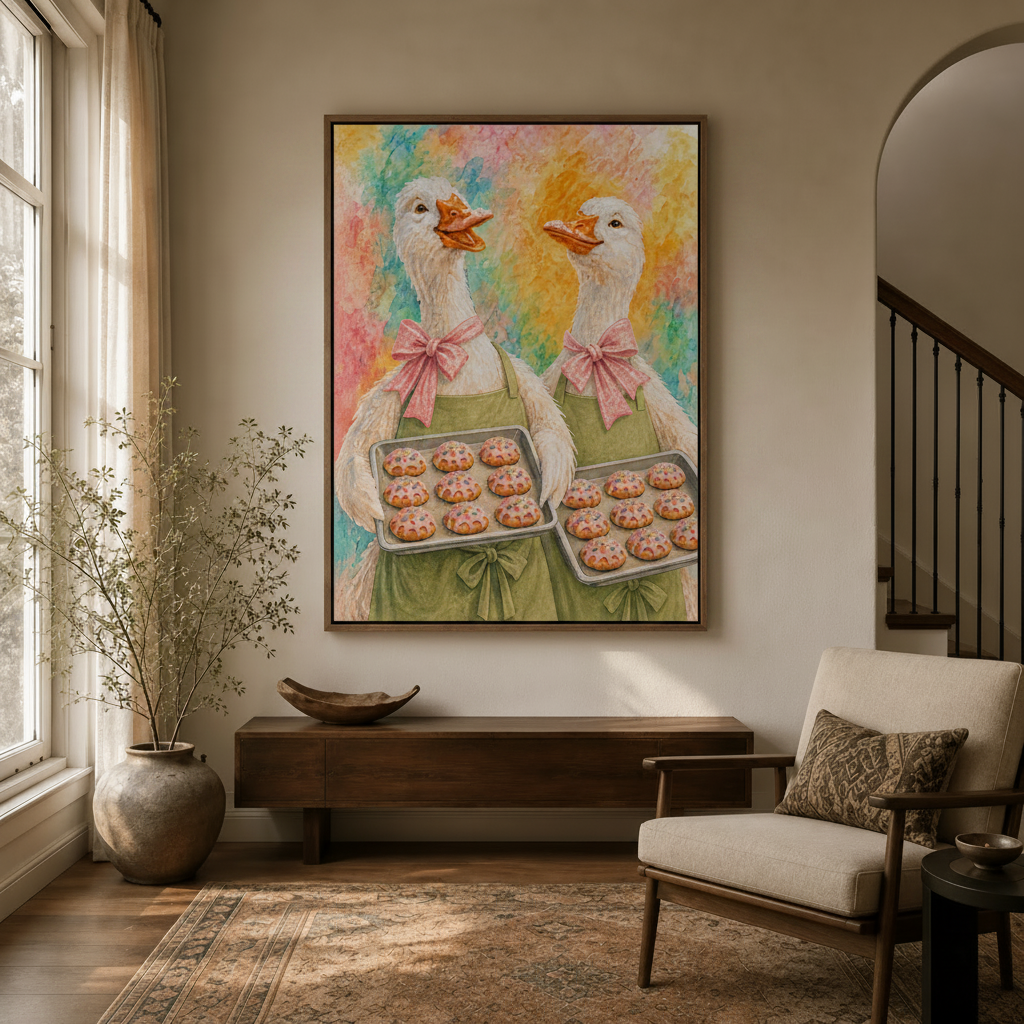 Playful goose baker canvas print displayed in bright entryway above console table