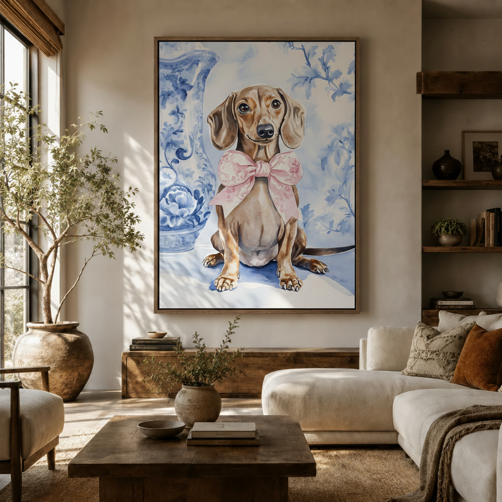 Dachshund pink bow chinoiserie watercolor canvas wall art in dark walnut float frame above entryway console with dried branches