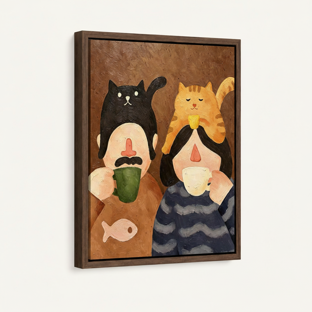 Framed funny animal canvas art in dark walnut float frame shown in three-quarter product view