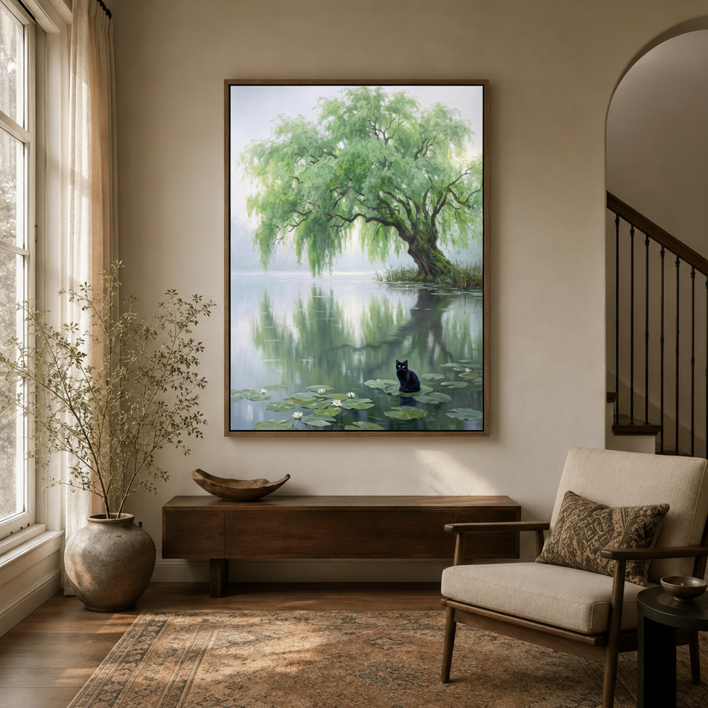Serene black cat lotus pond canvas hung above console in bright entryway with Persian rug and arched doorway