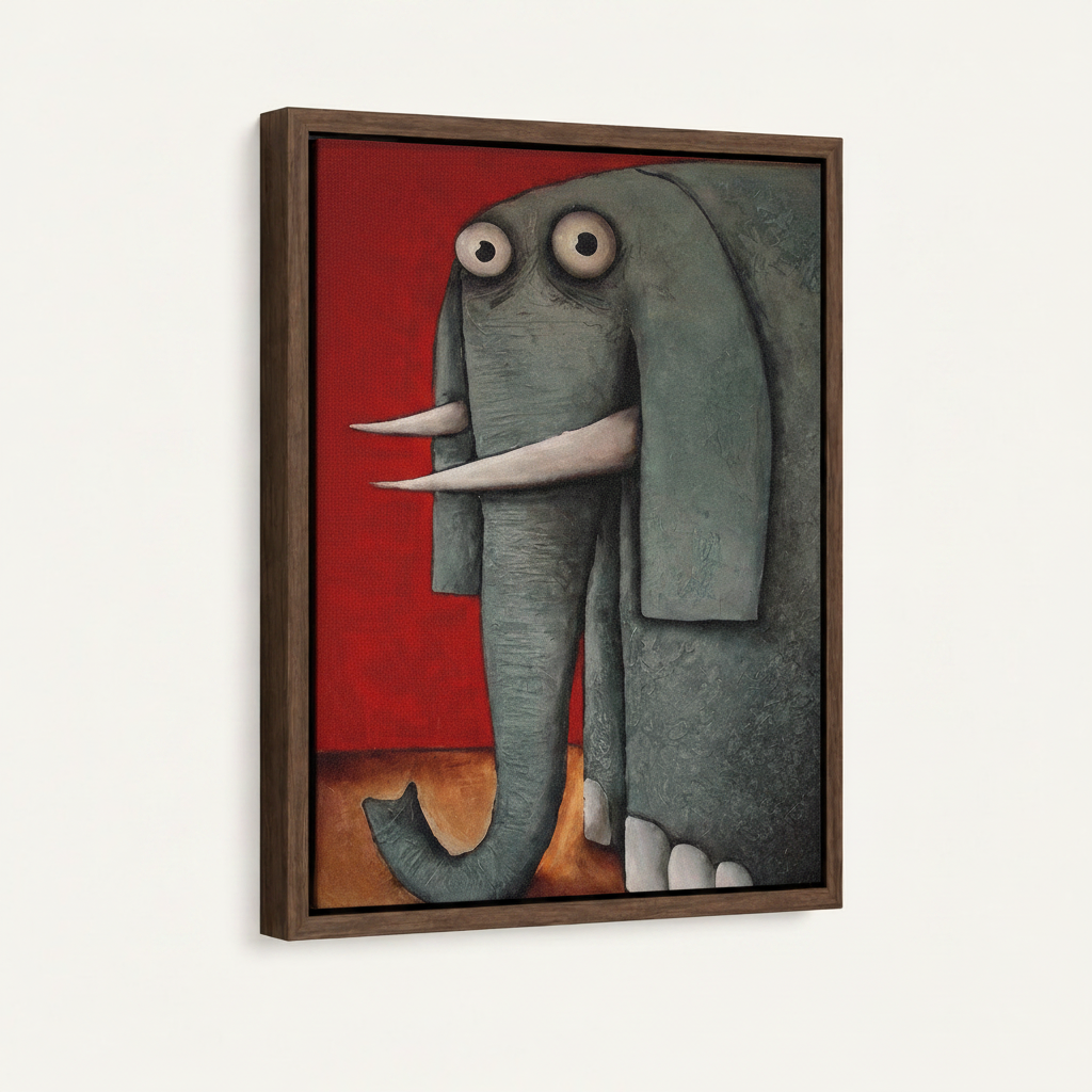 Elephant oil painting in dark walnut float frame, white background 3/4 angle product shot