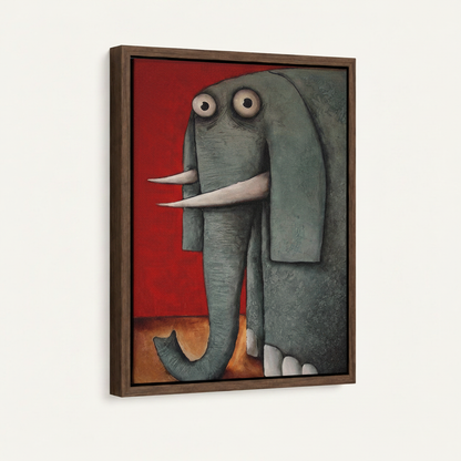 Elephant oil painting in dark walnut float frame, white background 3/4 angle product shot