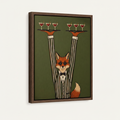 Framed retro fox waiter canvas print with dark walnut float frame on clean white background