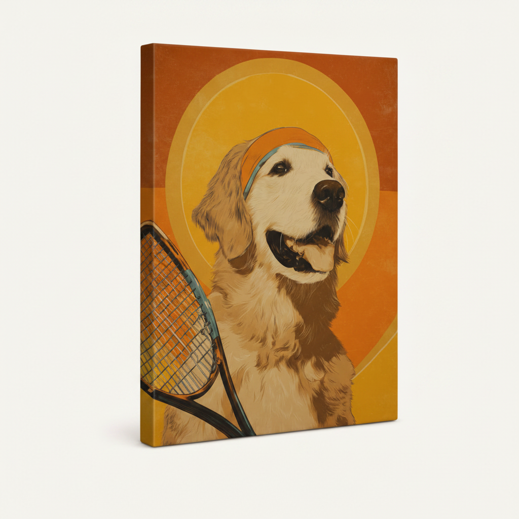 Gallery-wrapped canvas art with retro tennis golden retriever, warm golden tones, side wrap detail
