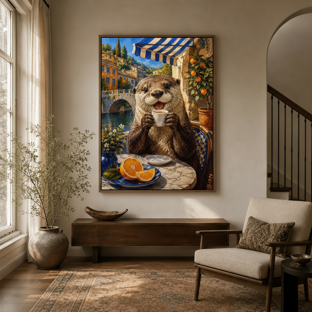 Charming otter espresso canvas wall art displayed in warm entryway with arched doorway