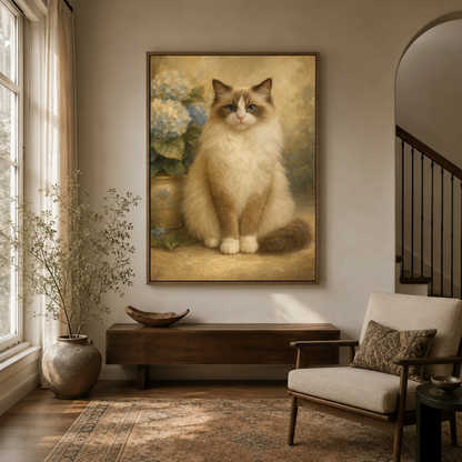 Elegant Ragdoll cat hydrangea canvas in float frame above dark walnut entryway credenza, warm natural light