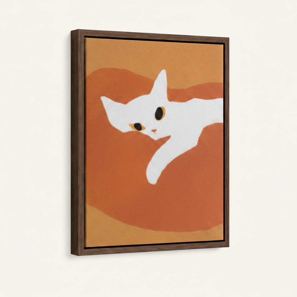 White cat on burnt orange background flat illustration canvas print in dark walnut floating frame on white background