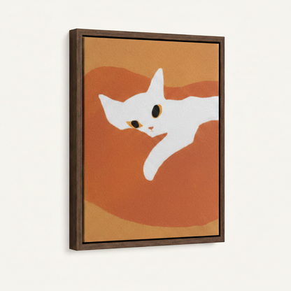 White cat on burnt orange background flat illustration canvas print in dark walnut floating frame on white background
