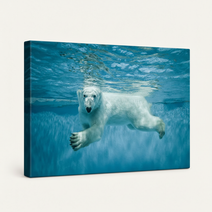 Gallery-wrapped polar bear underwater wildlife canvas art shown at angle on clean white background
