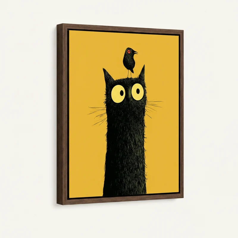 Framed funny black cat with bird on head canvas print with walnut frame shown against white wall