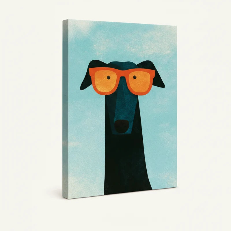 Gallery-wrapped canvas showing greyhound dog wall art with bold flat graphic style and clean side depth