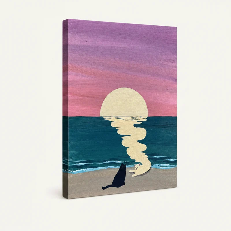 Gallery-wrapped canvas of two cats on sandy beach at sunset with dreamy spiral moonlight reflection on teal water