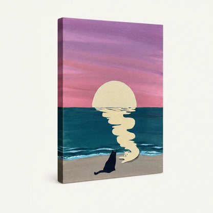 Gallery-wrapped canvas of two cats on sandy beach at sunset with dreamy spiral moonlight reflection on teal water