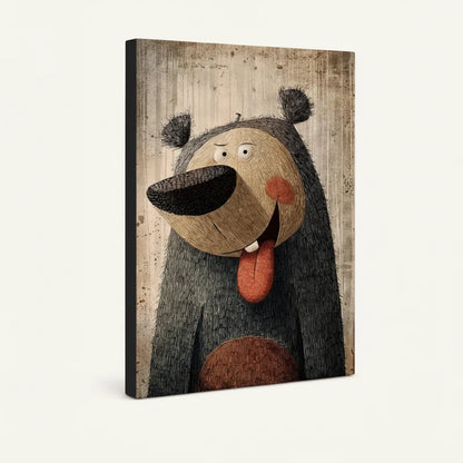 Gallery-wrapped cartoon bear canvas showing thick side profile and warm rustic brown palette
