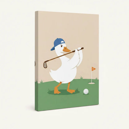 Gallery-wrapped canvas side view of whimsical duck golfer on warm beige background, white studio shot