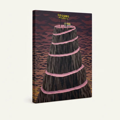 Gallery-wrapped canvas of surrealist Waffle House peak with dark textured landscape and glowing yellow sign