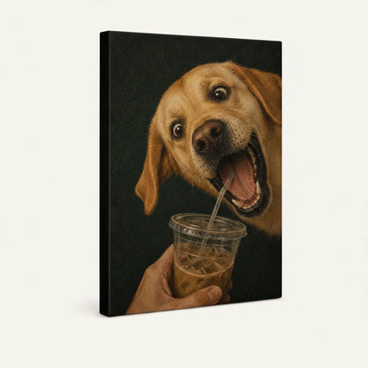 Gallery-wrapped canvas close-up of wide-eyed golden Lab stealing iced coffee with a straw