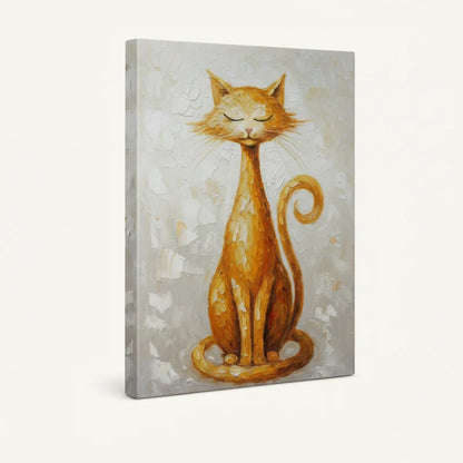 Gallery-wrapped golden cat zen canvas showing thick textured brushwork on side edges