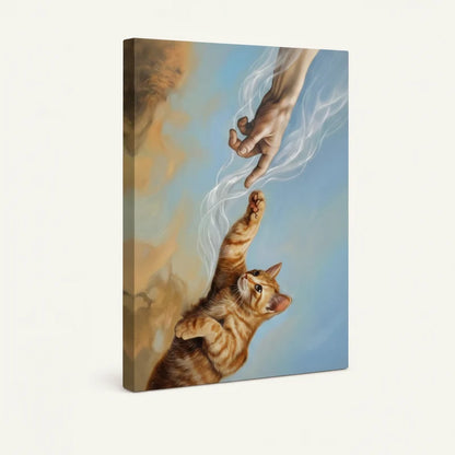 Gallery-wrapped classical cat parody canvas showing painting wrapping around thick canvas edges
