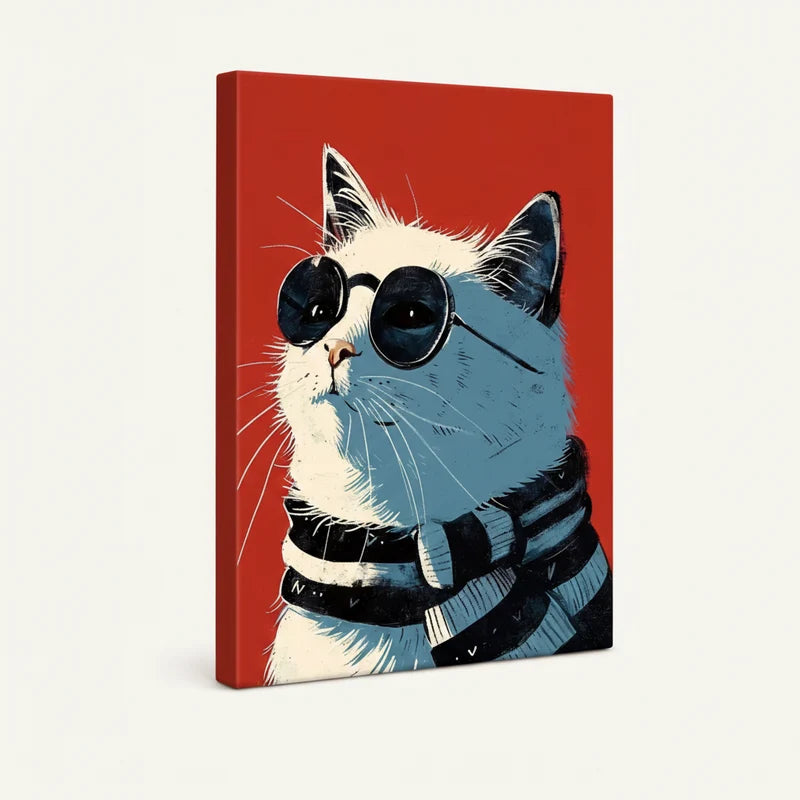 Gallery-wrapped canvas side view of bold graphic cool cat portrait in vivid red and steel blue tones