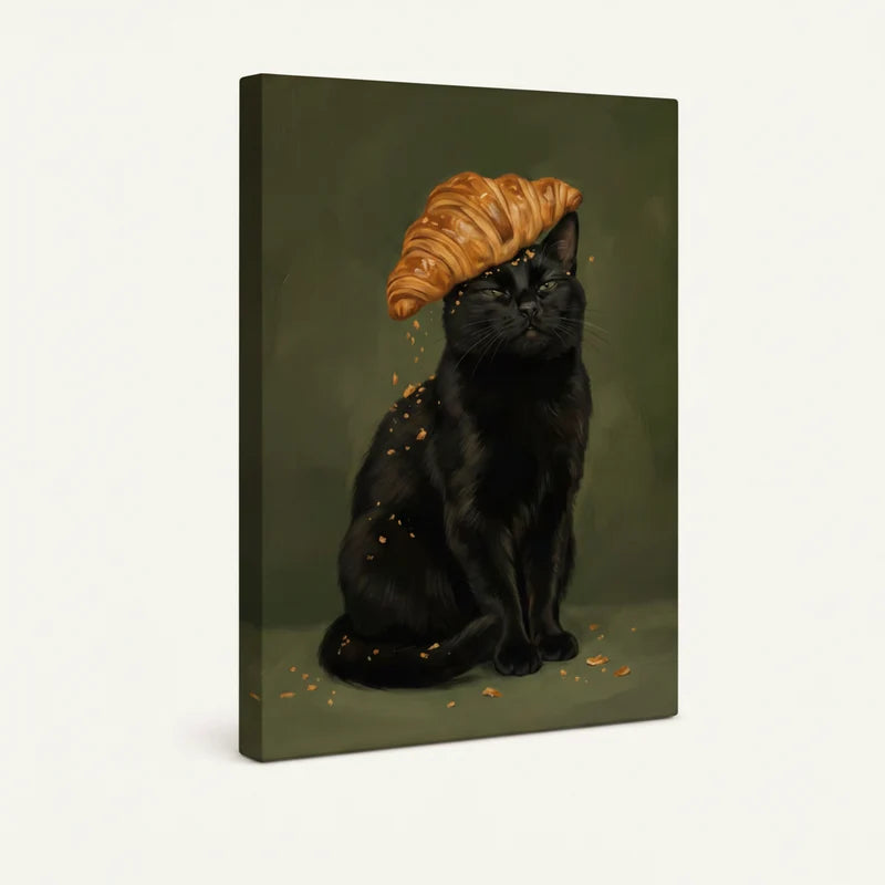 Gallery-wrapped black cat croissant canvas art, angled side view showing depth and wrap edges