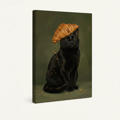 Gallery-wrapped black cat croissant canvas art, angled side view showing depth and wrap edges